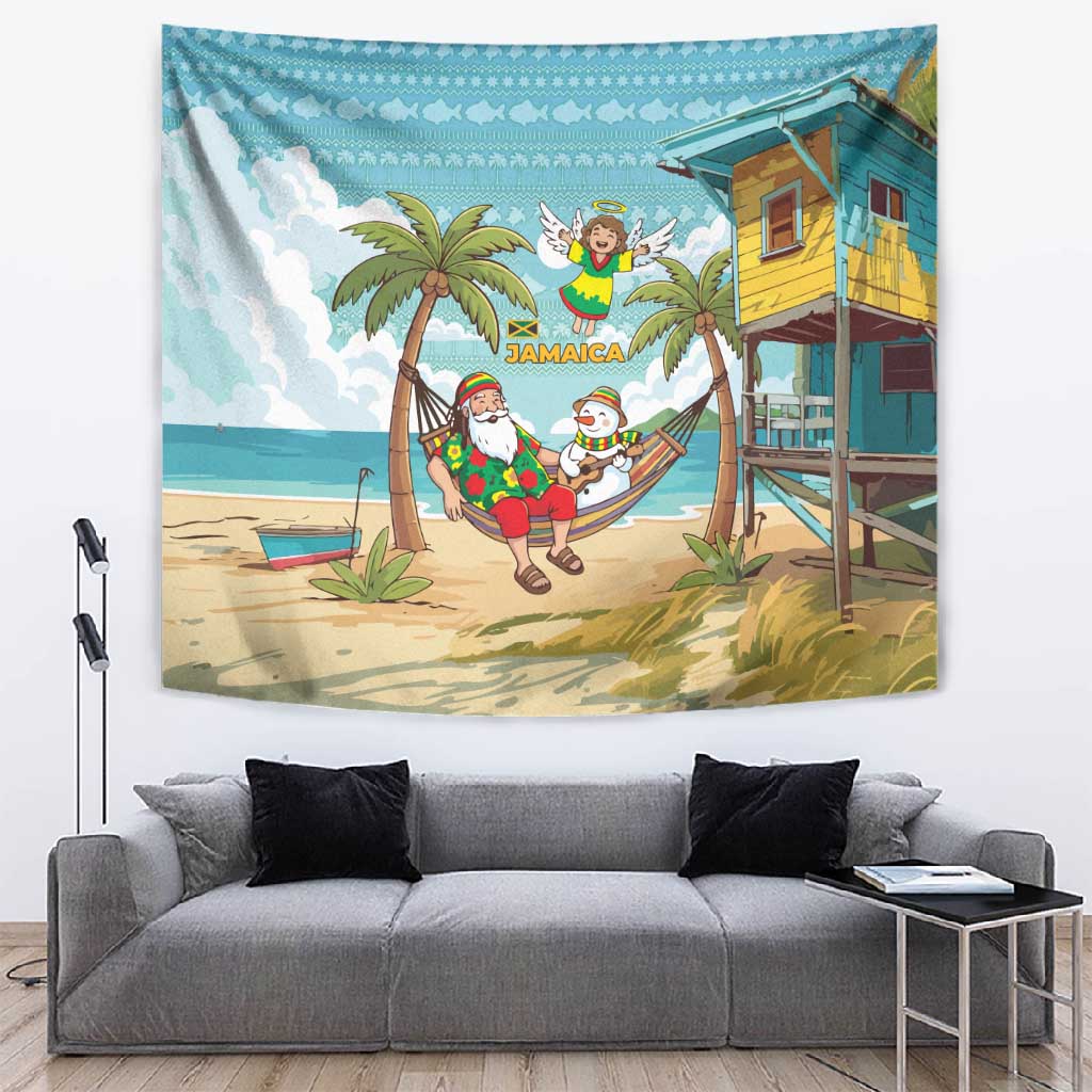 Jamaica Christmas Tapestry Rasta Santa Snowman Hammock Angel Palm Trees and Tropical Beach - African Pride