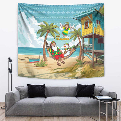 Jamaica Christmas Tapestry Rasta Santa Snowman Hammock Angel Palm Trees and Tropical Beach - African Pride