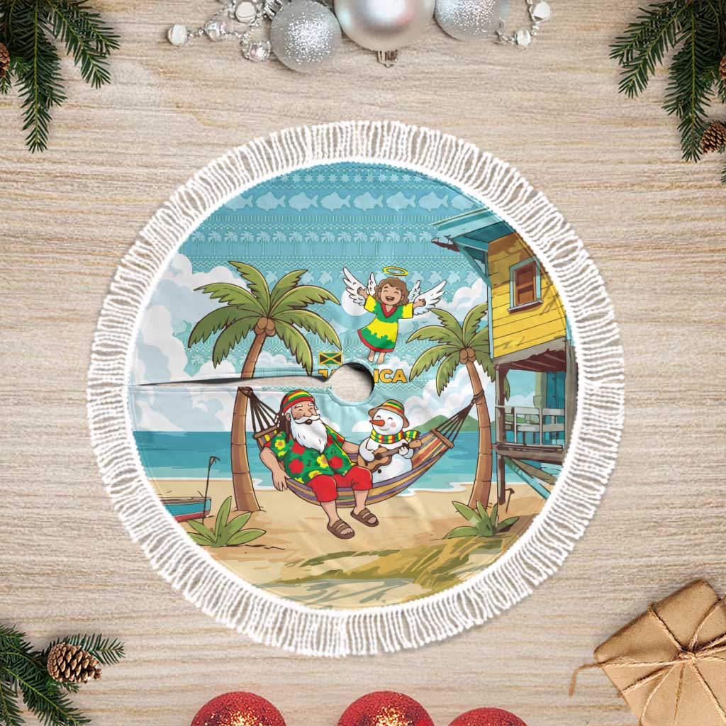 Jamaica Christmas Tree Skirt Rasta Santa Snowman Hammock Angel Palm Trees and Tropical Beach - African Pride