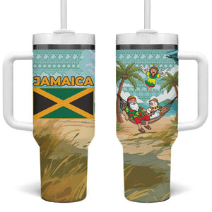 Jamaica Christmas Tumbler With Handle Rasta Santa Snowman Hammock Angel Palm Trees and Tropical Beach - African Pride