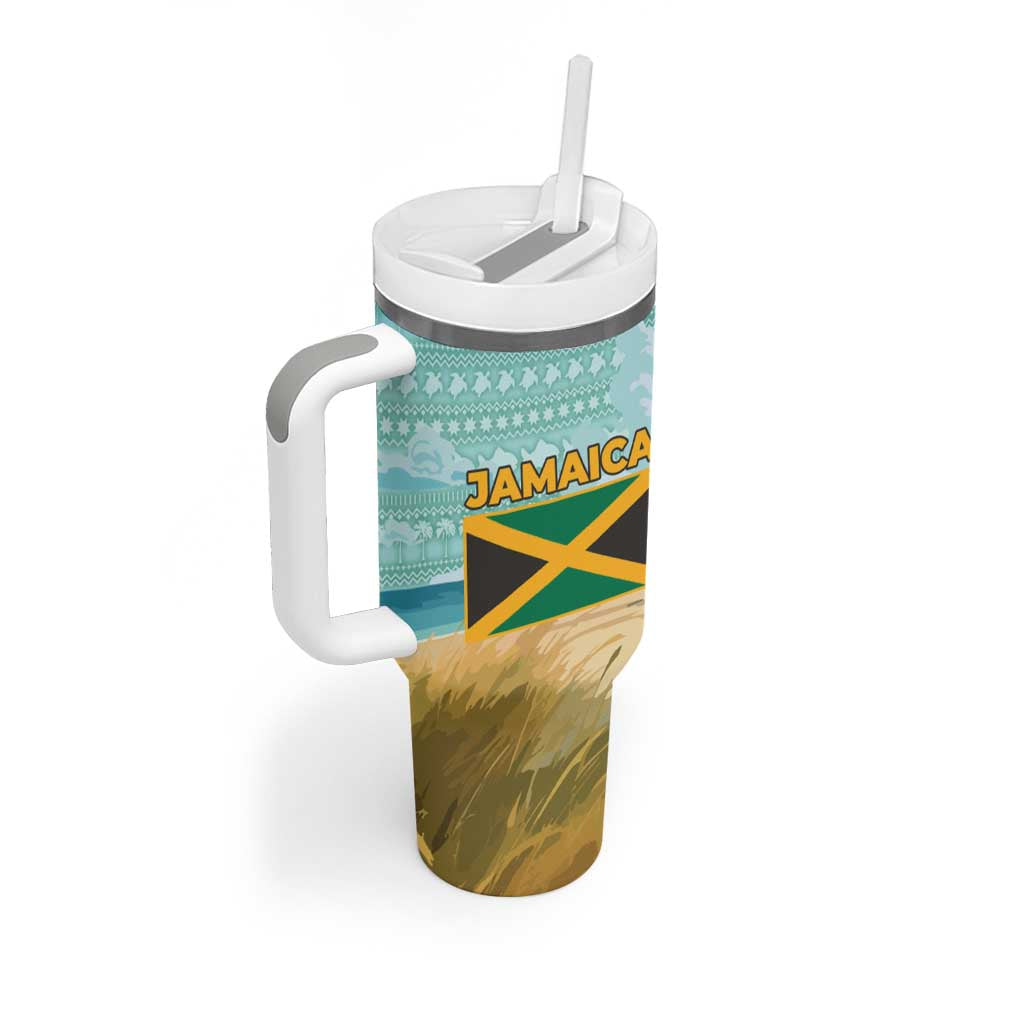 Jamaica Christmas Tumbler With Handle Rasta Santa Snowman Hammock Angel Palm Trees and Tropical Beach - African Pride