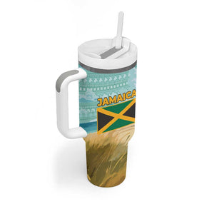 Jamaica Christmas Tumbler With Handle Rasta Santa Snowman Hammock Angel Palm Trees and Tropical Beach - African Pride