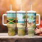 Jamaica Christmas Tumbler With Handle Rasta Santa Snowman Hammock Angel Palm Trees and Tropical Beach - African Pride