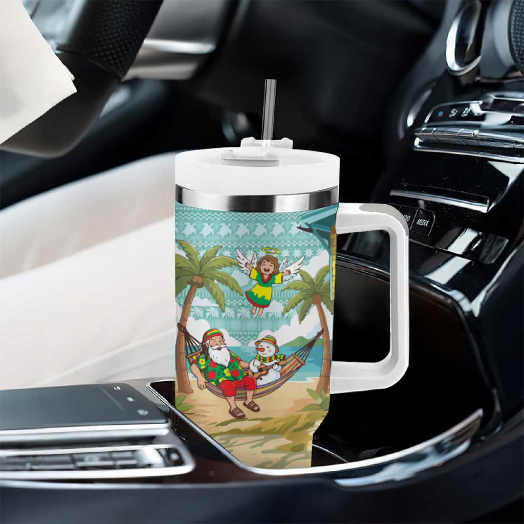 Jamaica Christmas Tumbler With Handle Rasta Santa Snowman Hammock Angel Palm Trees and Tropical Beach - African Pride