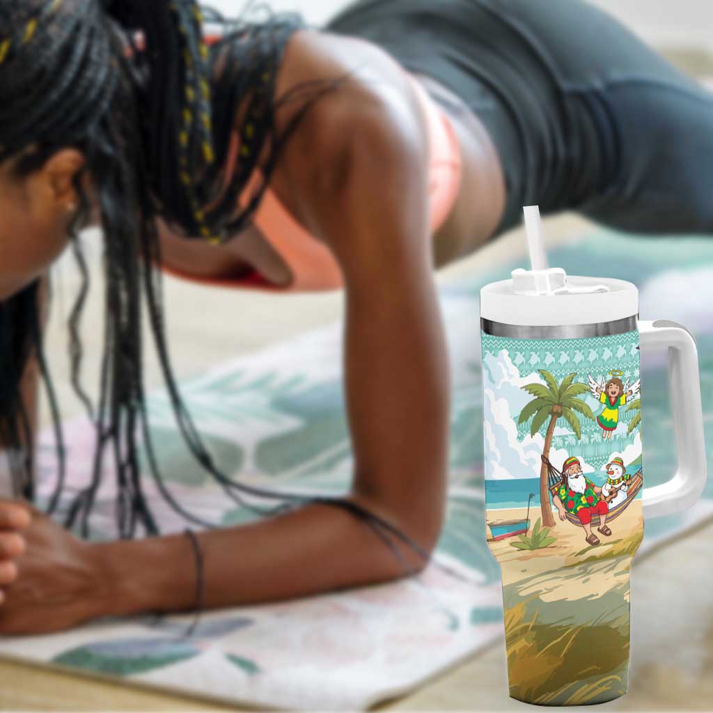 Jamaica Christmas Tumbler With Handle Rasta Santa Snowman Hammock Angel Palm Trees and Tropical Beach - African Pride