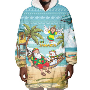 Jamaica Christmas Wearable Blanket Hoodie Rasta Santa Snowman Hammock Angel Palm Trees and Tropical Beach - African Pride