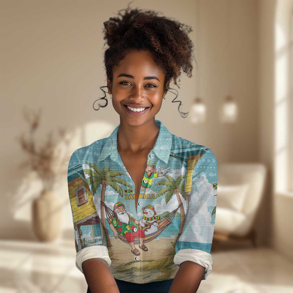 Jamaica Christmas Women Casual Shirt Rasta Santa Snowman Hammock Angel Palm Trees and Tropical Beach - African Pride
