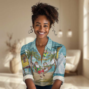 Jamaica Christmas Women Casual Shirt Rasta Santa Snowman Hammock Angel Palm Trees and Tropical Beach - African Pride