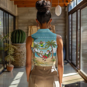Jamaica Christmas Women Sleeveless Polo Shirt Rasta Santa Snowman Hammock Angel Palm Trees and Tropical Beach - African Pride