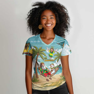 Jamaica Christmas Women V-Neck T-Shirt Rasta Santa Snowman Hammock Angel Palm Trees and Tropical Beach - African Pride