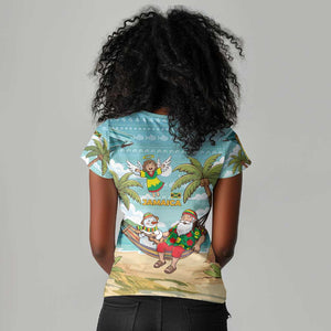 Jamaica Christmas Women V-Neck T-Shirt Rasta Santa Snowman Hammock Angel Palm Trees and Tropical Beach - African Pride
