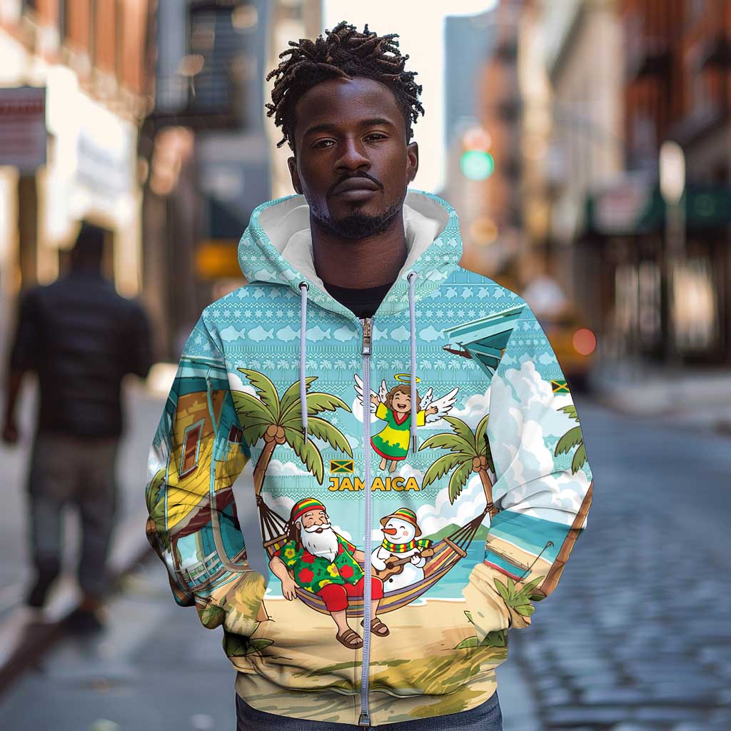 Jamaica Christmas Zip Hoodie Rasta Santa Snowman Hammock Angel Palm Trees and Tropical Beach - African Pride