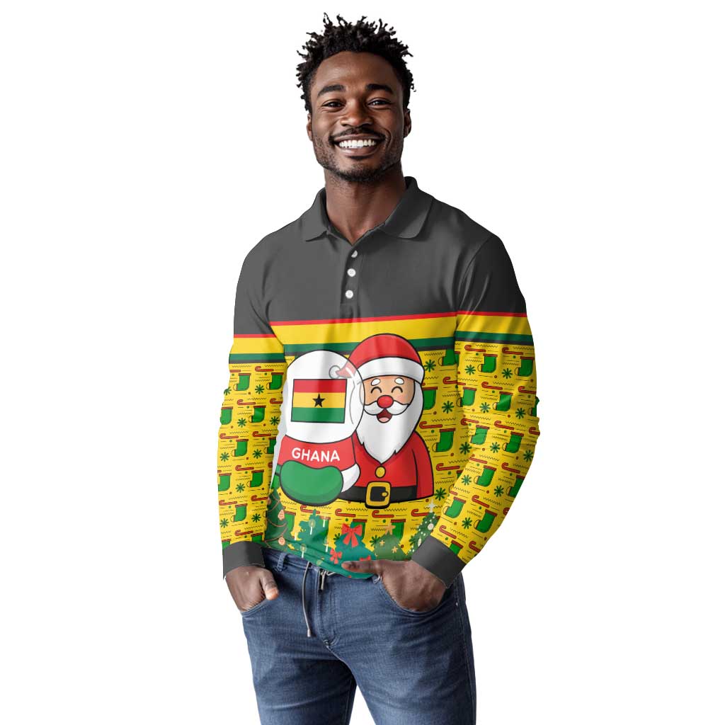 Ghana Christmas Long Sleeve Polo Shirt Santa Ornament National Coat of Arms and Festive - African Pride
