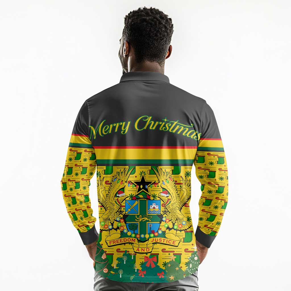 Ghana Christmas Long Sleeve Polo Shirt Santa Ornament National Coat of Arms and Festive - African Pride
