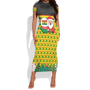 Ghana Christmas Short Sleeve Bodycon Dress Santa Ornament National Coat of Arms and Festive - African Pride