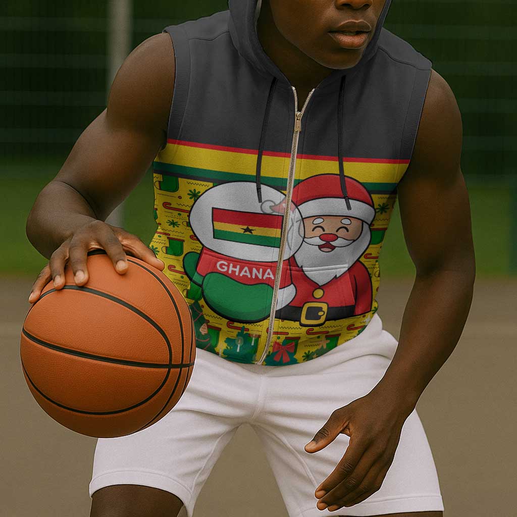 Ghana Christmas Sleeveless Zip Hoodie Santa Ornament National Coat of Arms and Festive - African Pride
