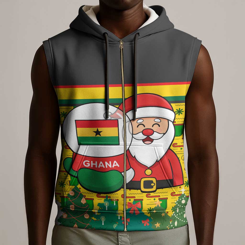 Ghana Christmas Sleeveless Zip Hoodie Santa Ornament National Coat of Arms and Festive - African Pride