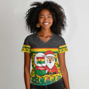 Ghana Christmas Women V-Neck T-Shirt Santa Ornament National Coat of Arms and Festive - African Pride
