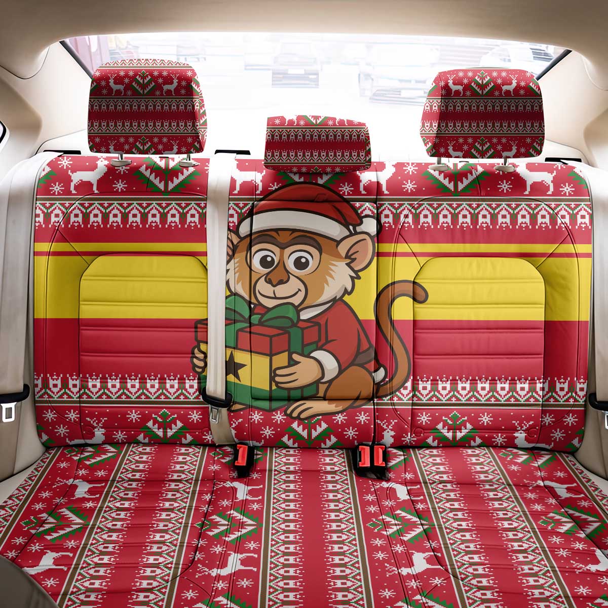 Ghana Christmas Back Car Seat Cover Monkey Holding Gift Ghana Map and Festive - African Pride