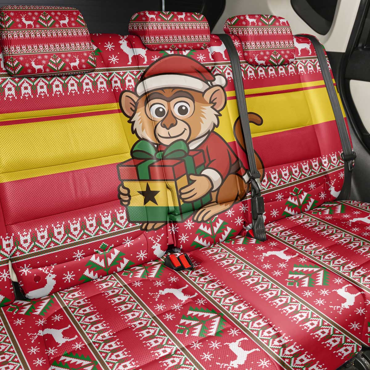 Ghana Christmas Back Car Seat Cover Monkey Holding Gift Ghana Map and Festive - African Pride