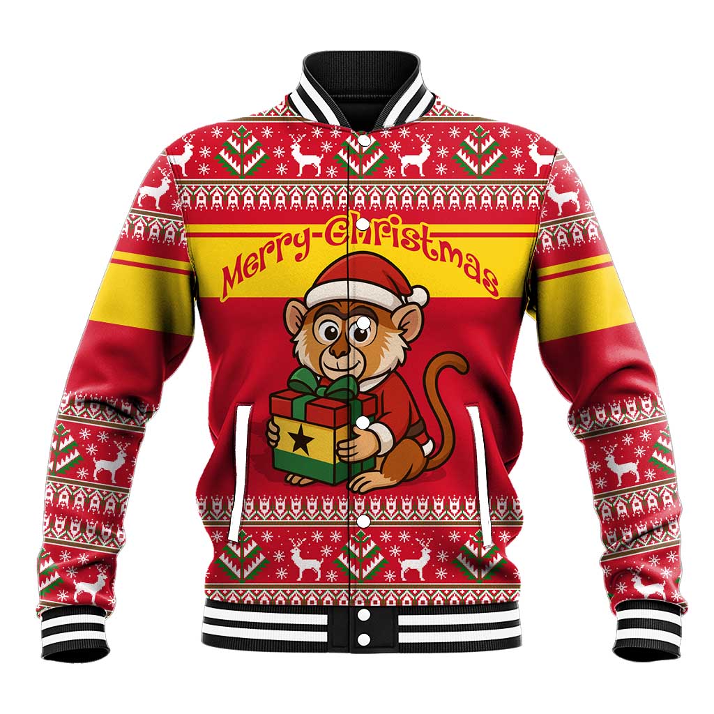 Ghana Christmas Baseball Jacket Monkey Holding Gift Ghana Map and Festive - African Pride