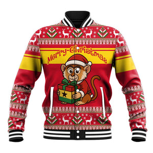 Ghana Christmas Baseball Jacket Monkey Holding Gift Ghana Map and Festive - African Pride