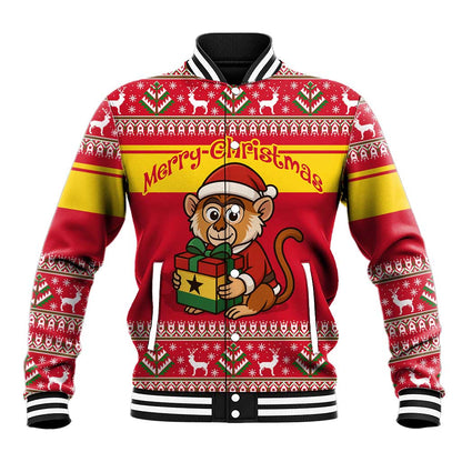 Ghana Christmas Baseball Jacket Monkey Holding Gift Ghana Map and Festive - African Pride