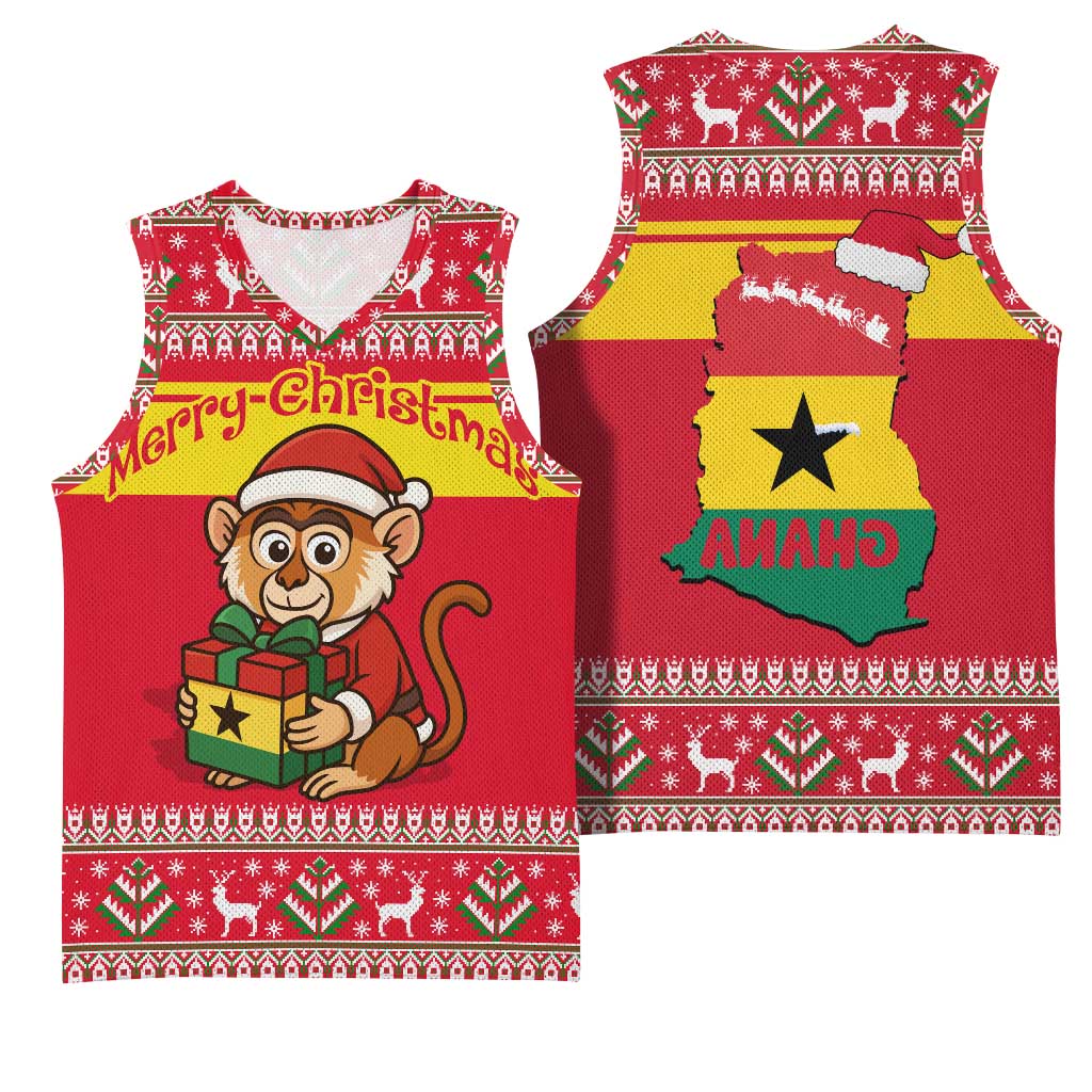 Ghana Christmas Basketball Jersey Monkey Holding Gift Ghana Map and Festive - African Pride