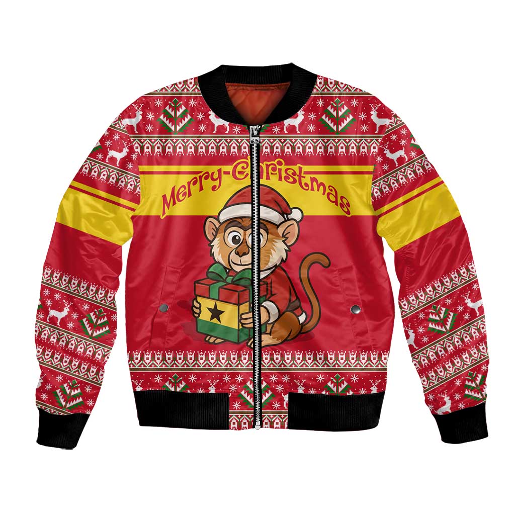 Ghana Christmas Bomber Jacket Monkey Holding Gift Ghana Map and Festive - African Pride