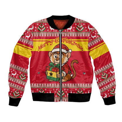 Ghana Christmas Bomber Jacket Monkey Holding Gift Ghana Map and Festive - African Pride