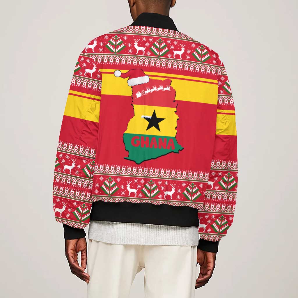 Ghana Christmas Bomber Jacket Monkey Holding Gift Ghana Map and Festive - African Pride