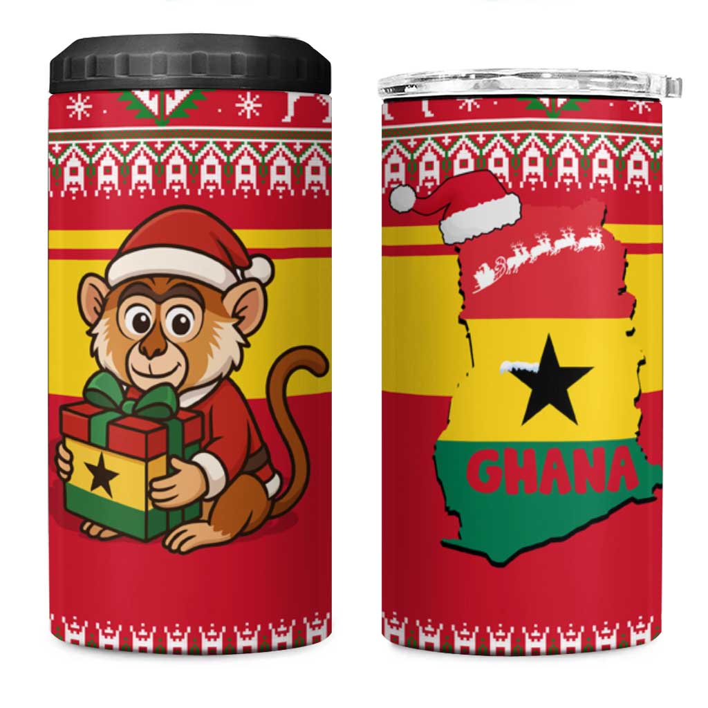 Ghana Christmas 4 in 1 Can Cooler Tumbler Monkey Holding Gift Ghana Map and Festive - African Pride