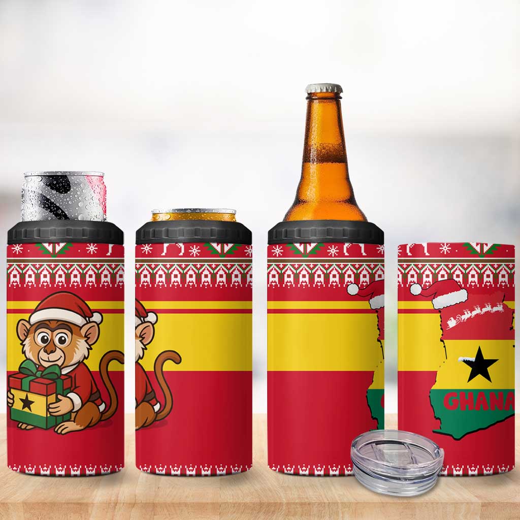 Ghana Christmas 4 in 1 Can Cooler Tumbler Monkey Holding Gift Ghana Map and Festive - African Pride