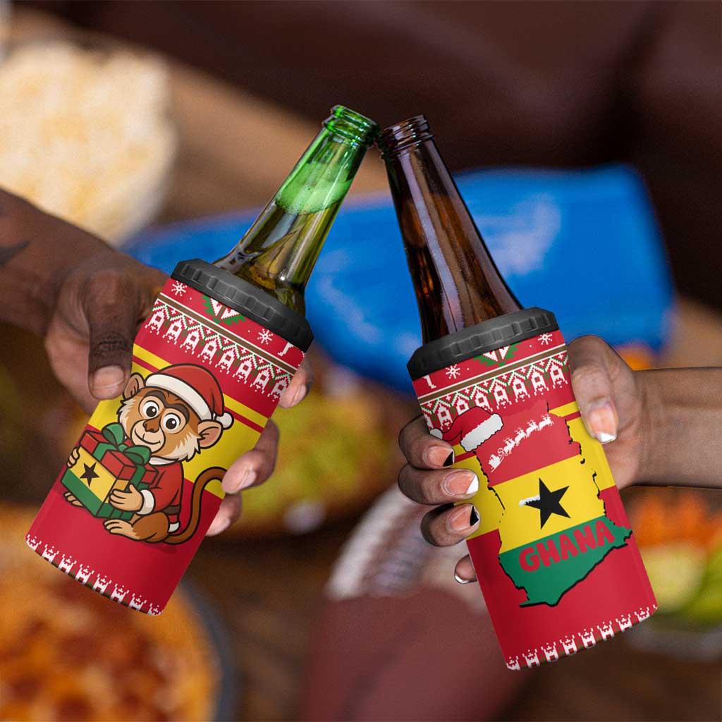 Ghana Christmas 4 in 1 Can Cooler Tumbler Monkey Holding Gift Ghana Map and Festive - African Pride