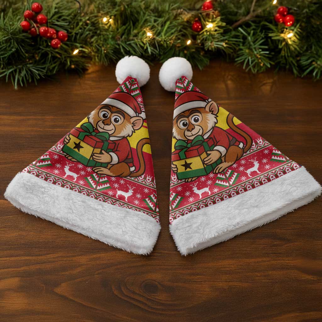 Ghana Christmas Santa Hat Monkey Holding Gift Ghana Map and Festive - African Pride