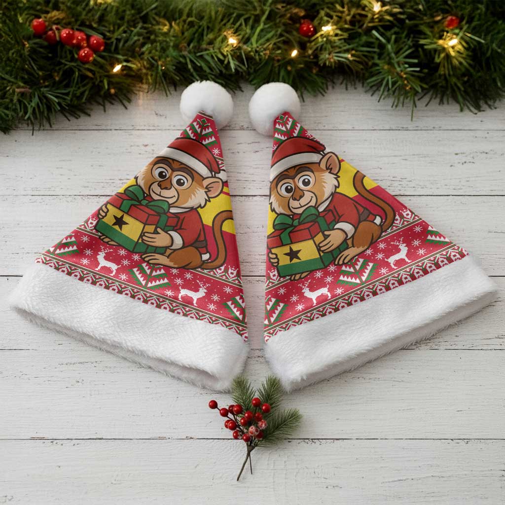 Ghana Christmas Santa Hat Monkey Holding Gift Ghana Map and Festive - African Pride