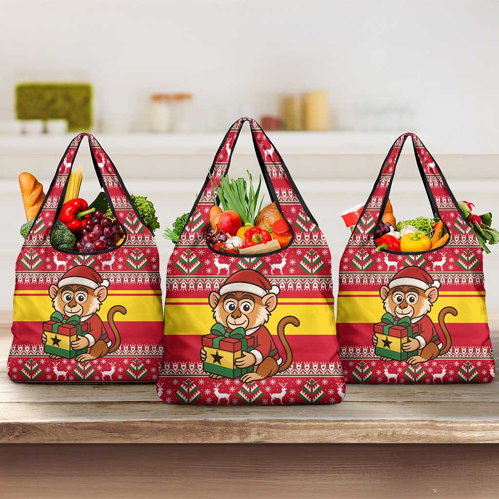 Ghana Christmas Grocery Bag Monkey Holding Gift Ghana Map and Festive - African Pride