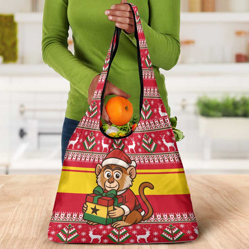 Ghana Christmas Grocery Bag Monkey Holding Gift Ghana Map and Festive - African Pride