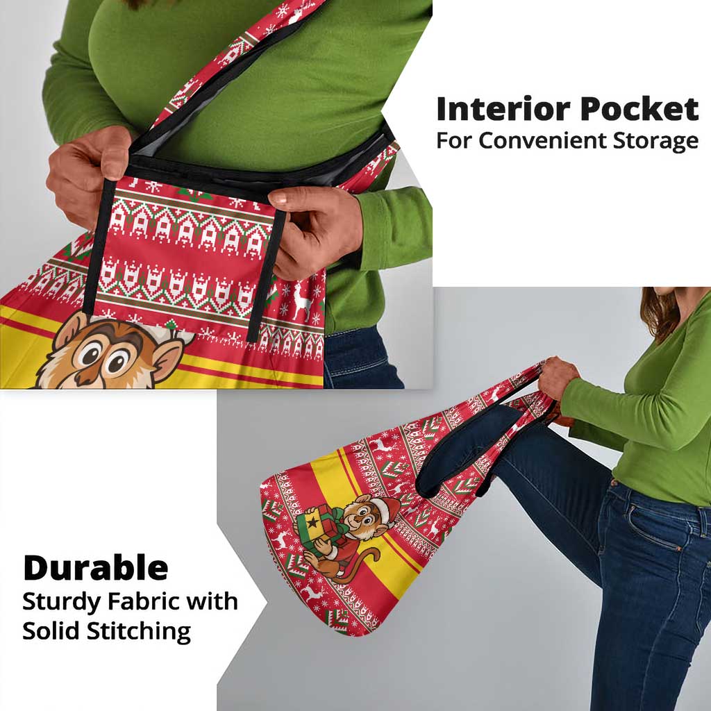Ghana Christmas Grocery Bag Monkey Holding Gift Ghana Map and Festive - African Pride
