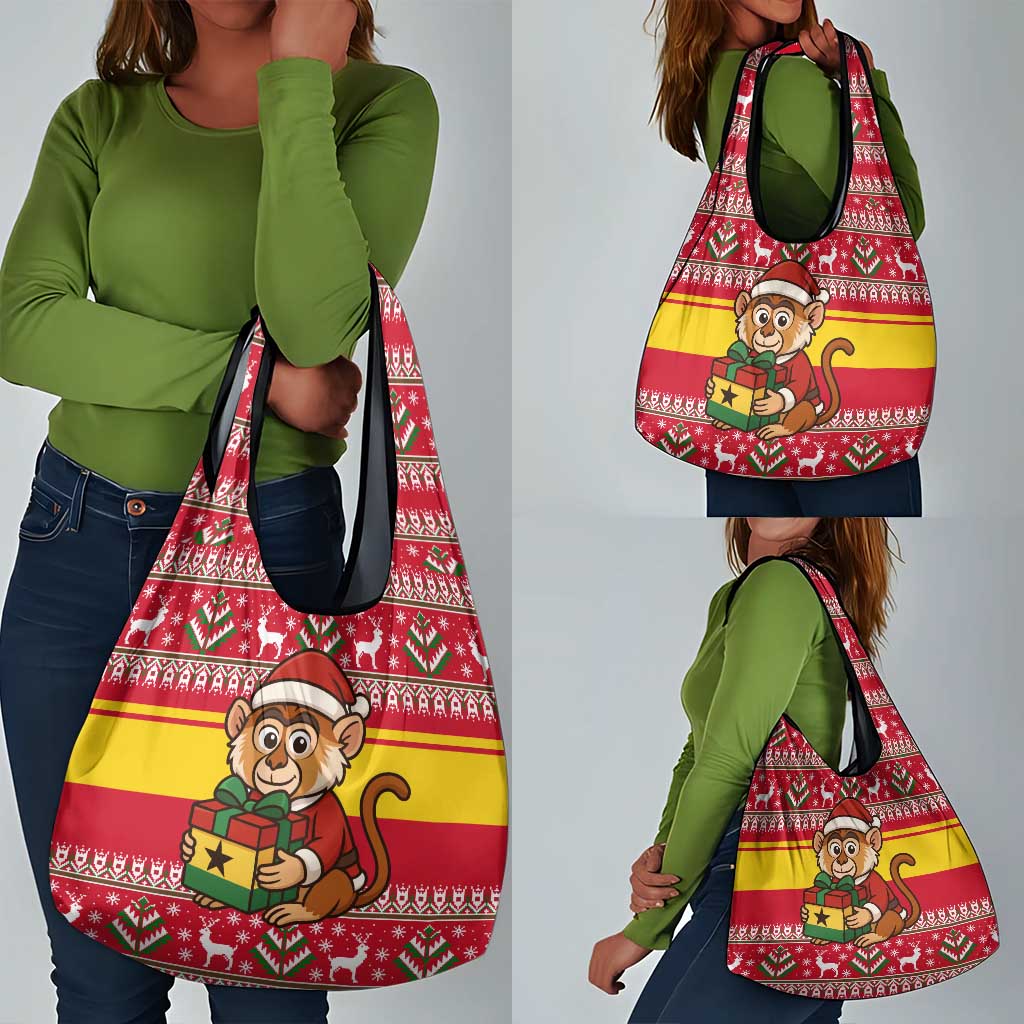 Ghana Christmas Grocery Bag Monkey Holding Gift Ghana Map and Festive - African Pride
