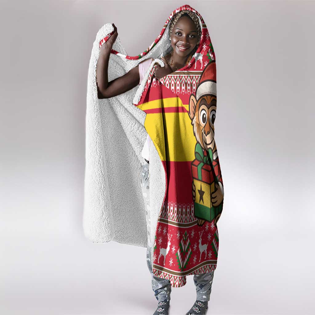 Ghana Christmas Hooded Blanket Monkey Holding Gift Ghana Map and Festive - African Pride