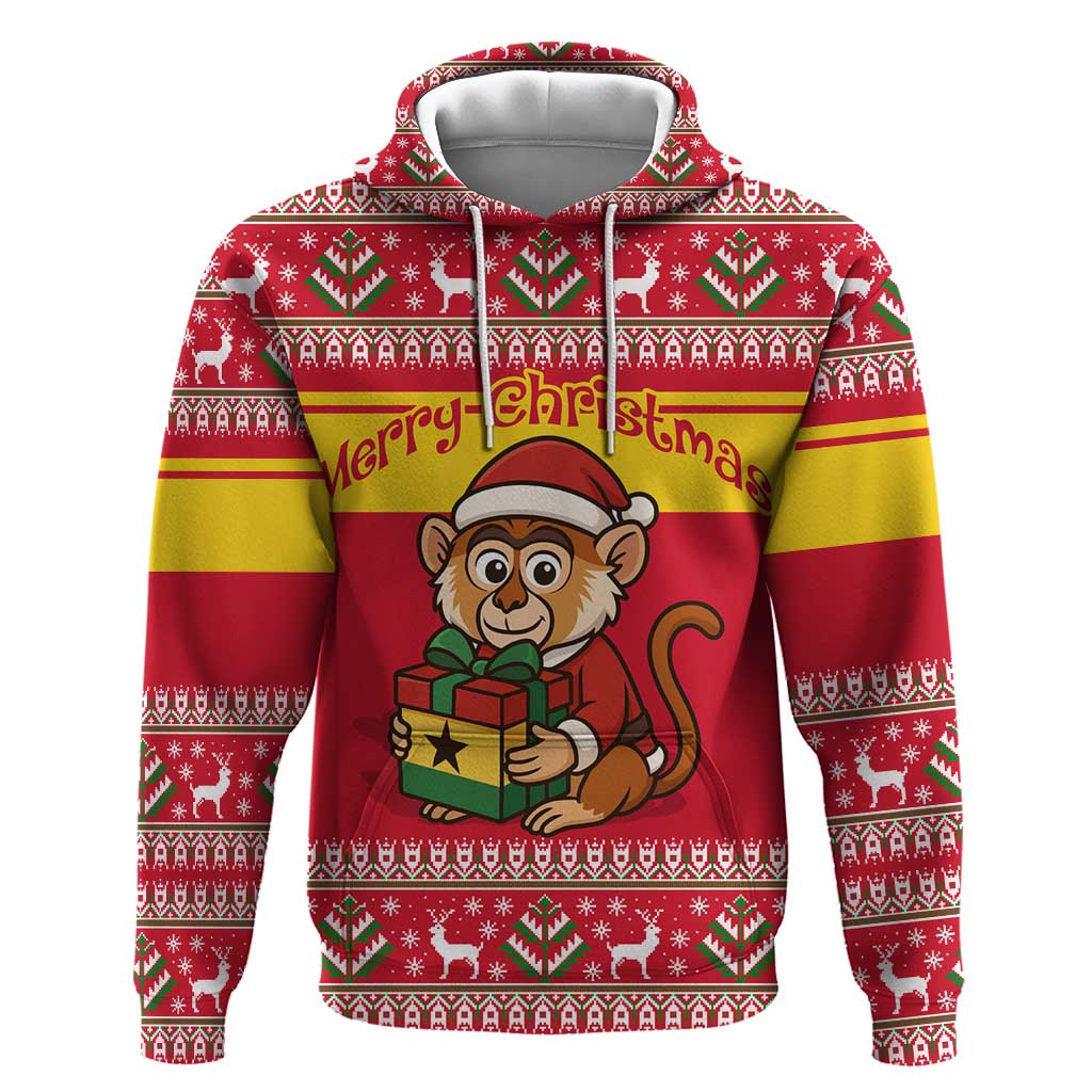 Ghana Christmas Hoodie Monkey Holding Gift Ghana Map and Festive - African Pride