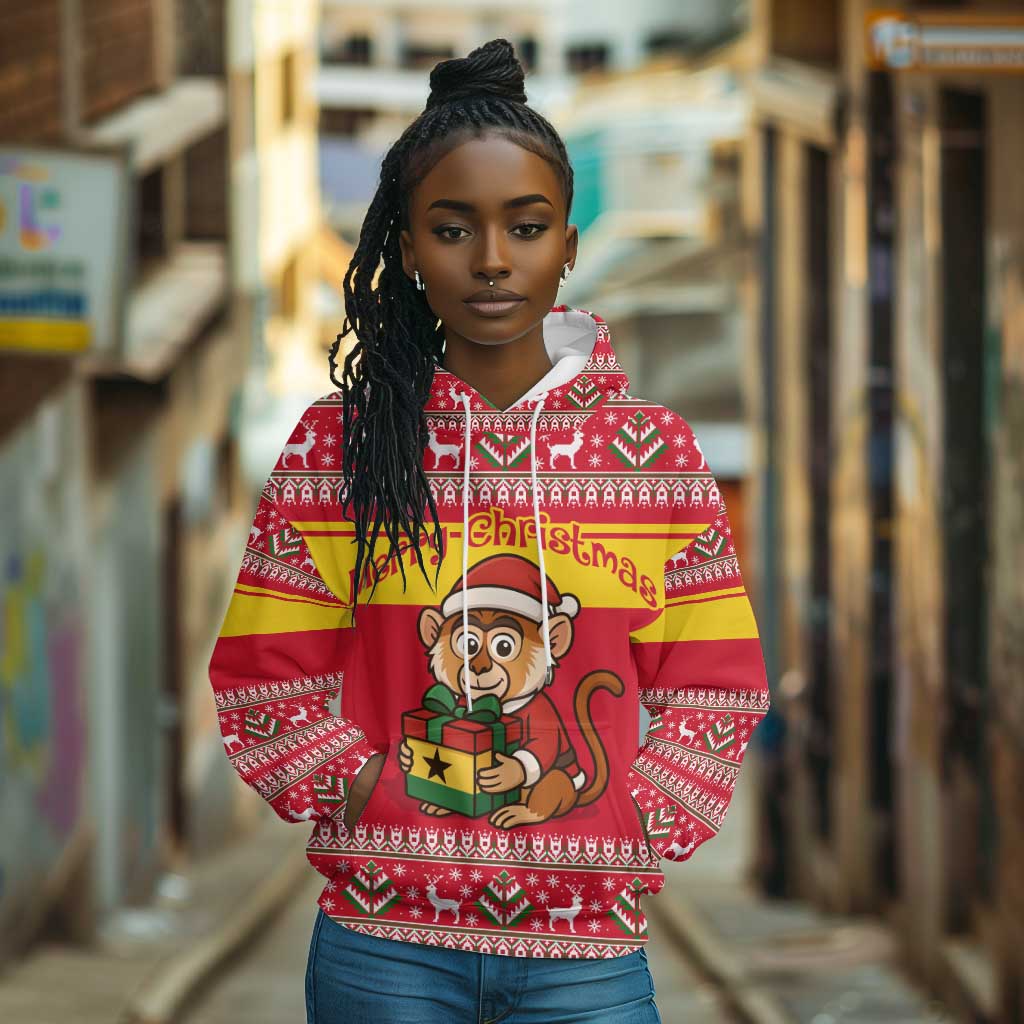 Ghana Christmas Hoodie Monkey Holding Gift Ghana Map and Festive - African Pride