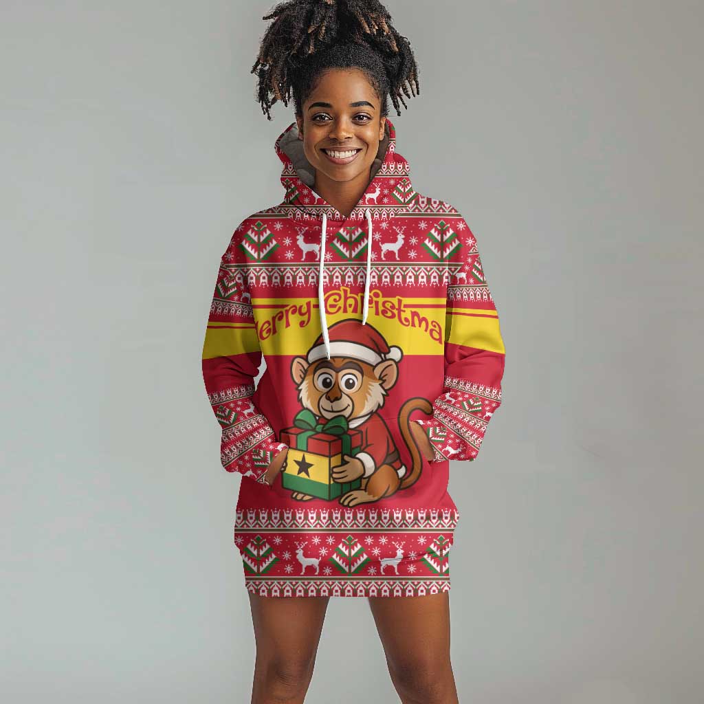 Ghana Christmas Hoodie Dress Monkey Holding Gift Ghana Map and Festive - African Pride