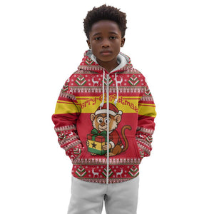 Ghana Christmas Kid Hoodie Monkey Holding Gift Ghana Map and Festive - African Pride