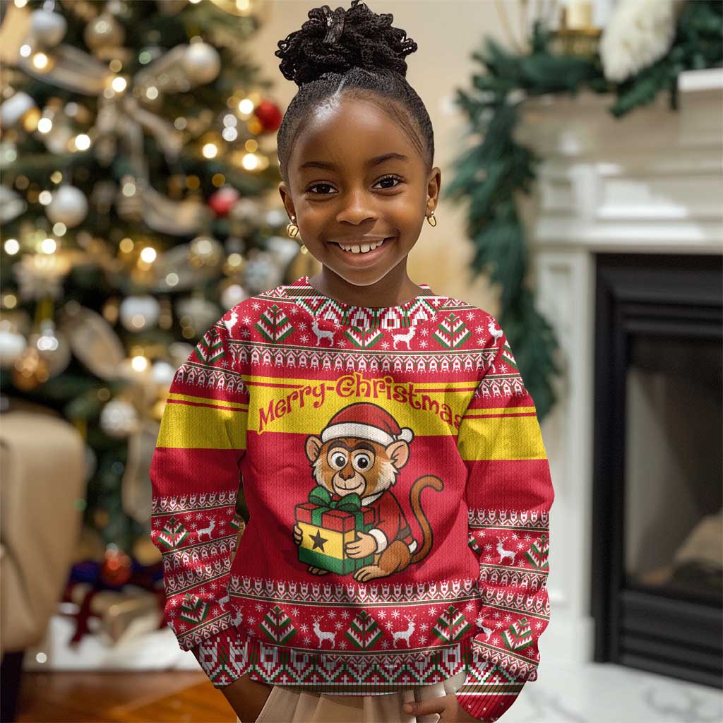 Ghana Christmas Kid Ugly Christmas Sweater Monkey Holding Gift Ghana Map and Festive - African Pride