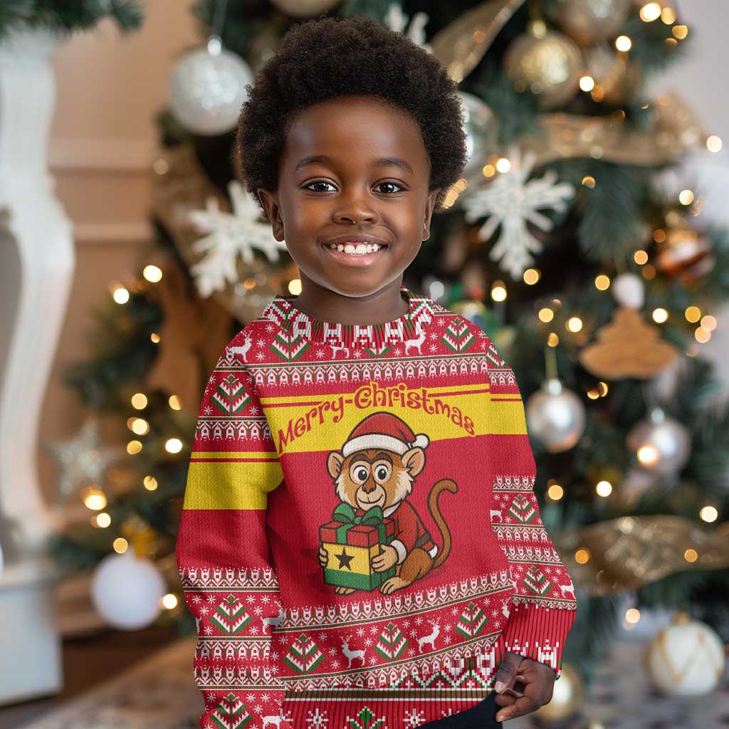 Ghana Christmas Kid Ugly Christmas Sweater Monkey Holding Gift Ghana Map and Festive - African Pride