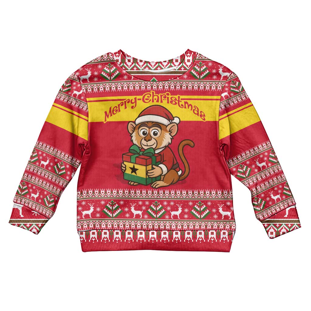 Ghana Christmas Kid Ugly Christmas Sweater Monkey Holding Gift Ghana Map and Festive - African Pride