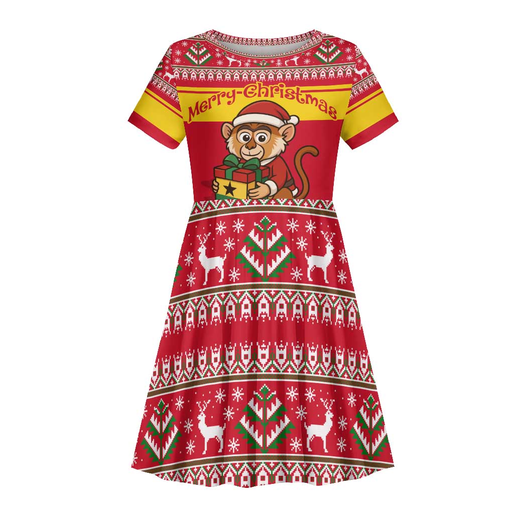 Ghana Christmas Kid Short Sleeve Dress Monkey Holding Gift Ghana Map and Festive - African Pride