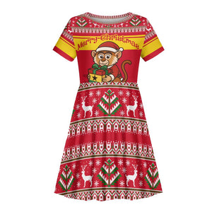 Ghana Christmas Kid Short Sleeve Dress Monkey Holding Gift Ghana Map and Festive - African Pride